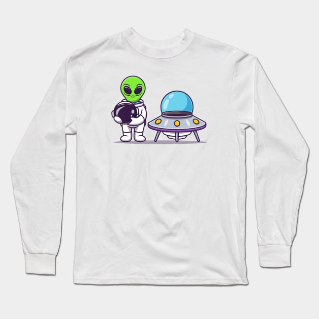 Cute Astronaut Alien Holding Helmet With Spaceship UFO Long Sleeve T-Shirt by Catalyst Labs